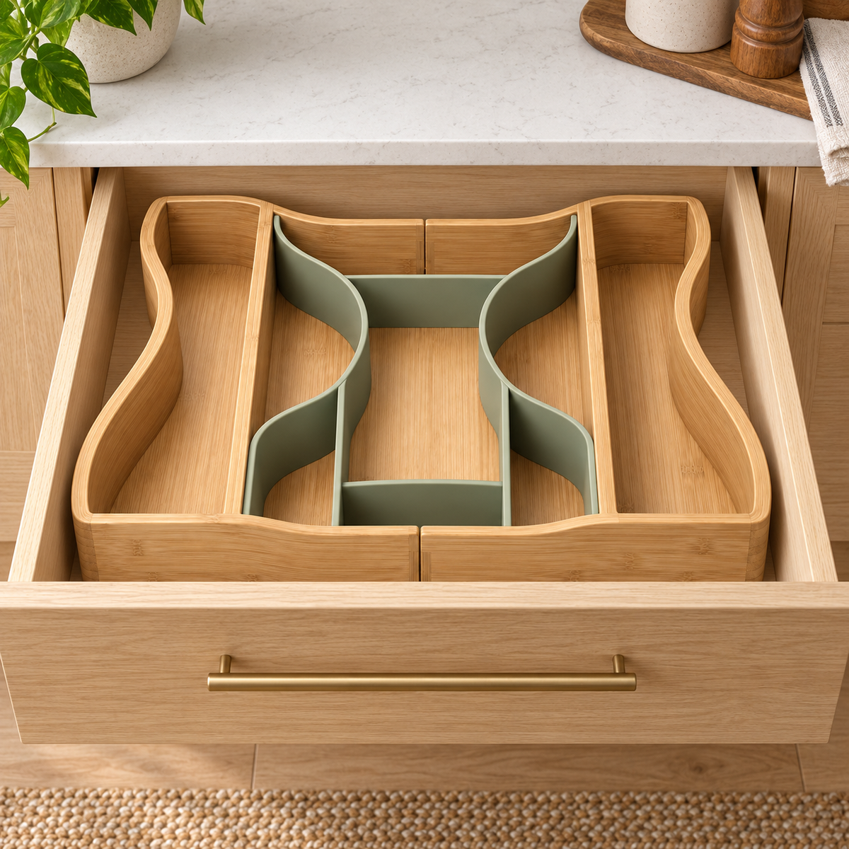 Ripple-Wing Adjustable Bamboo Drawer Organizer