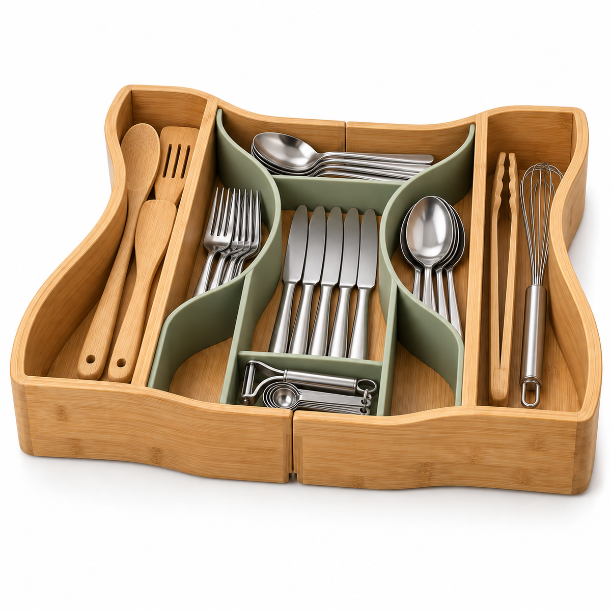 Ripple-Wing Adjustable Bamboo Drawer Organizer